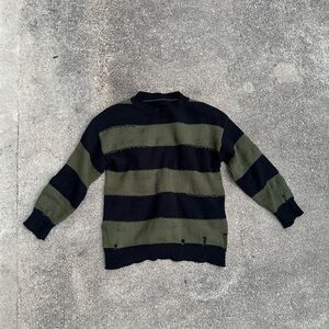 Black And Green Striped Distressed Sweater